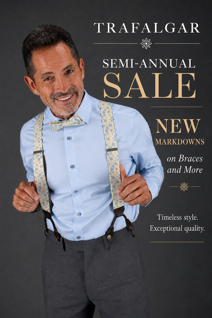 Man wearing Weldon braces. Semi annual sale new markdowns on braces and more!