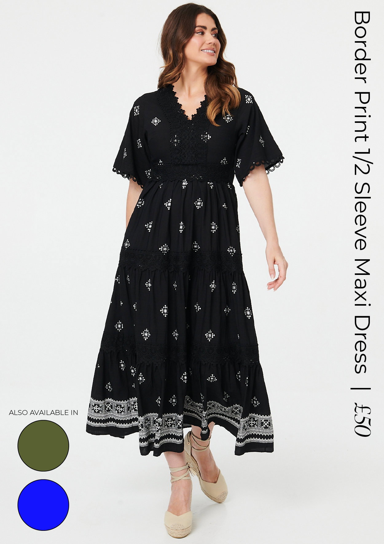 Border Print 1/2 Sleeve Maxi Dress | Shop Now