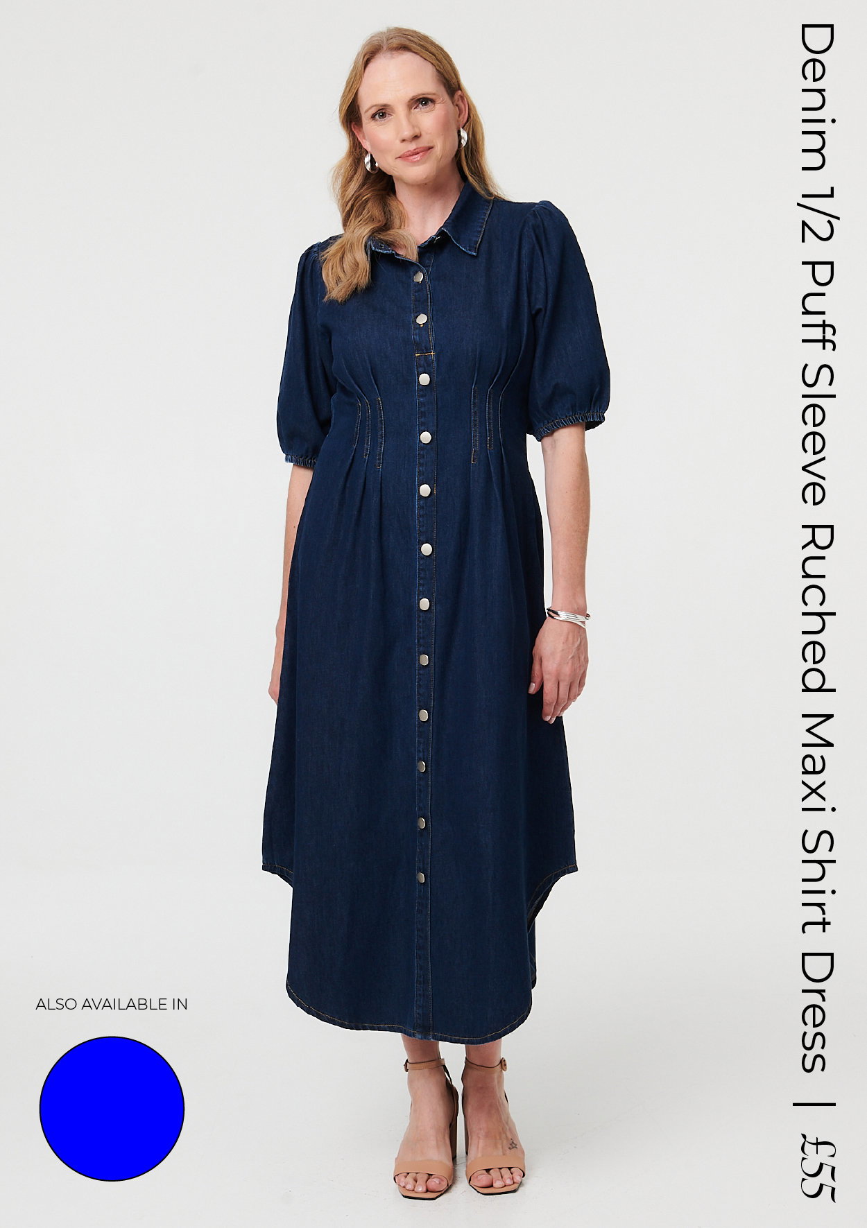 Denim 1/2 Puff Sleeve Ruched Maxi Shirt Dress | Shop Now
