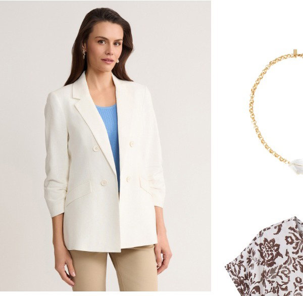 Faux Double Breasted Blazer, Linen Blend