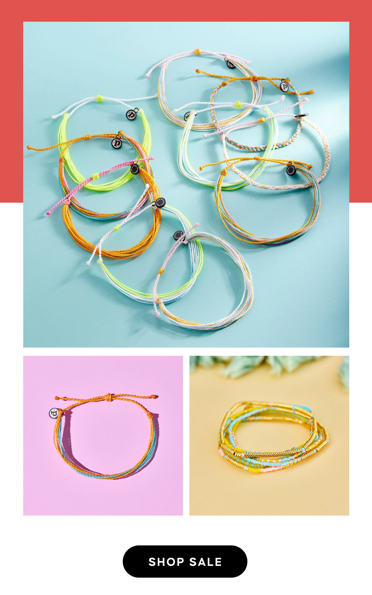 A selection of colorful Pura Vida string bracelets with gold-tone charms. SHOP SALE