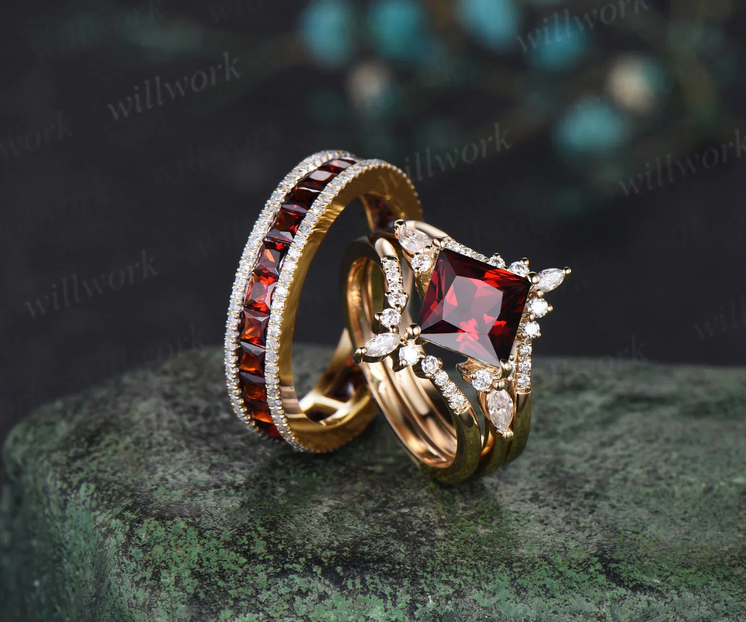 Princess cut garnet engagement ring set men garnet eternity band couple ring wedding set anniversary gifts