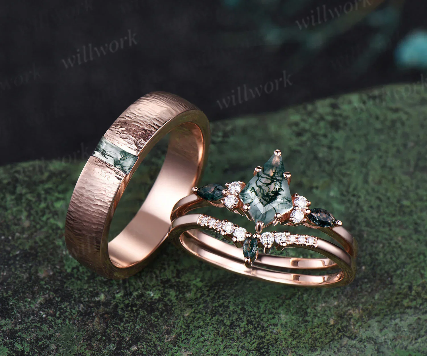 Captivating Moss Agate Kite Ring Set | Refined baguette Moss Agate Men's Ring 14K rose gold couple set jewellery Perfect for Valentine's Day Gifts and Thoughtful Presents
for Her