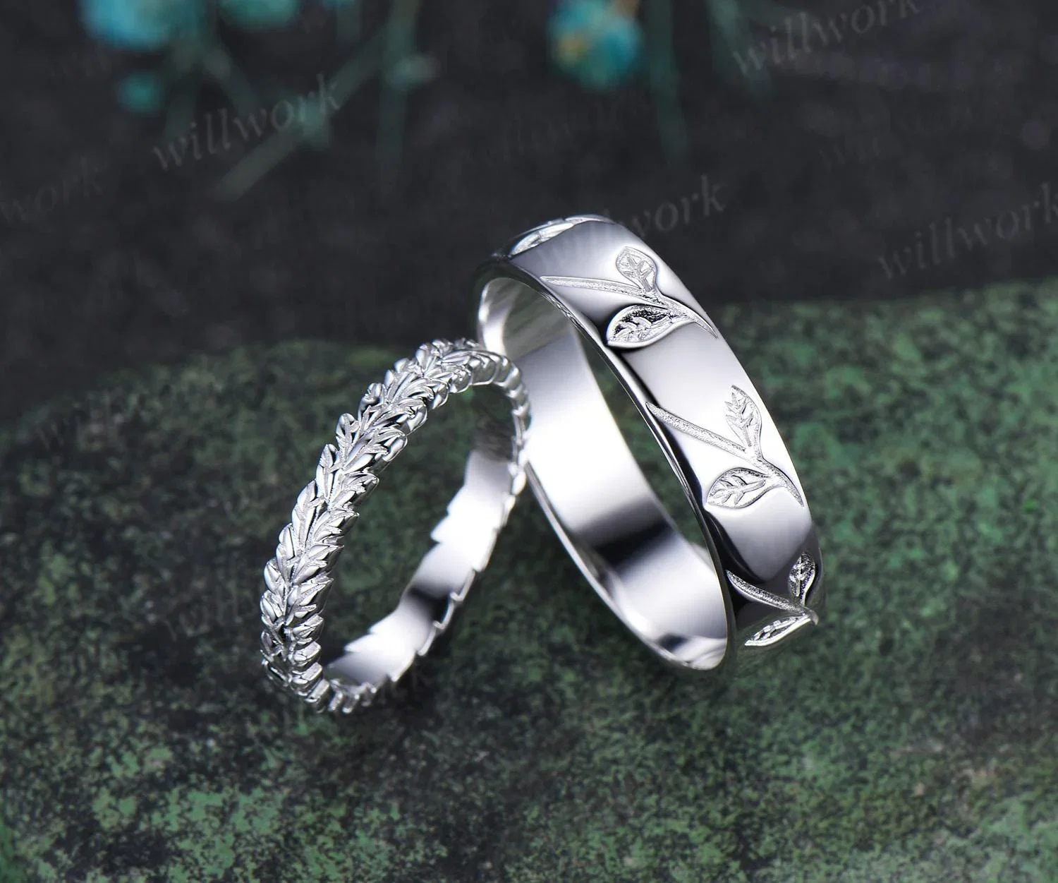 Leaf wedding band mens women full eternity nature inspired wedding ring set 14k white gold couple rings art deco anniversary ring gift