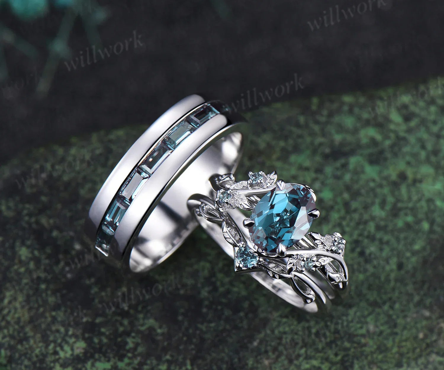 Nature Inspired Oval Alexandrite Ring Leaf Bridal Ring Set & Baguette Alexandrite Half Eternity Men Wedding Ring Unique Couple Ring Set