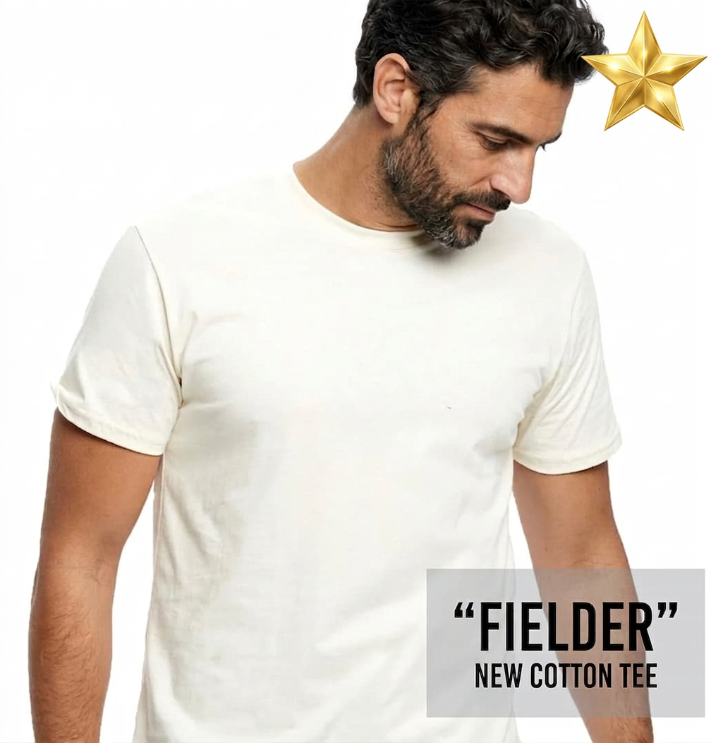 Man wearing a cream t-shirt with "Fielder" and "New Cotton Tee" text overlay.