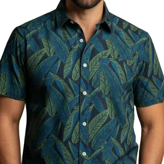 Image of MARCUS Short Sleeve Shirt in Blue & Olive Tropical Palms Print