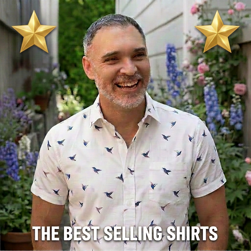 Man in a bird-print shirt smiles, with "THE BEST SELLING SHIRTS" text.