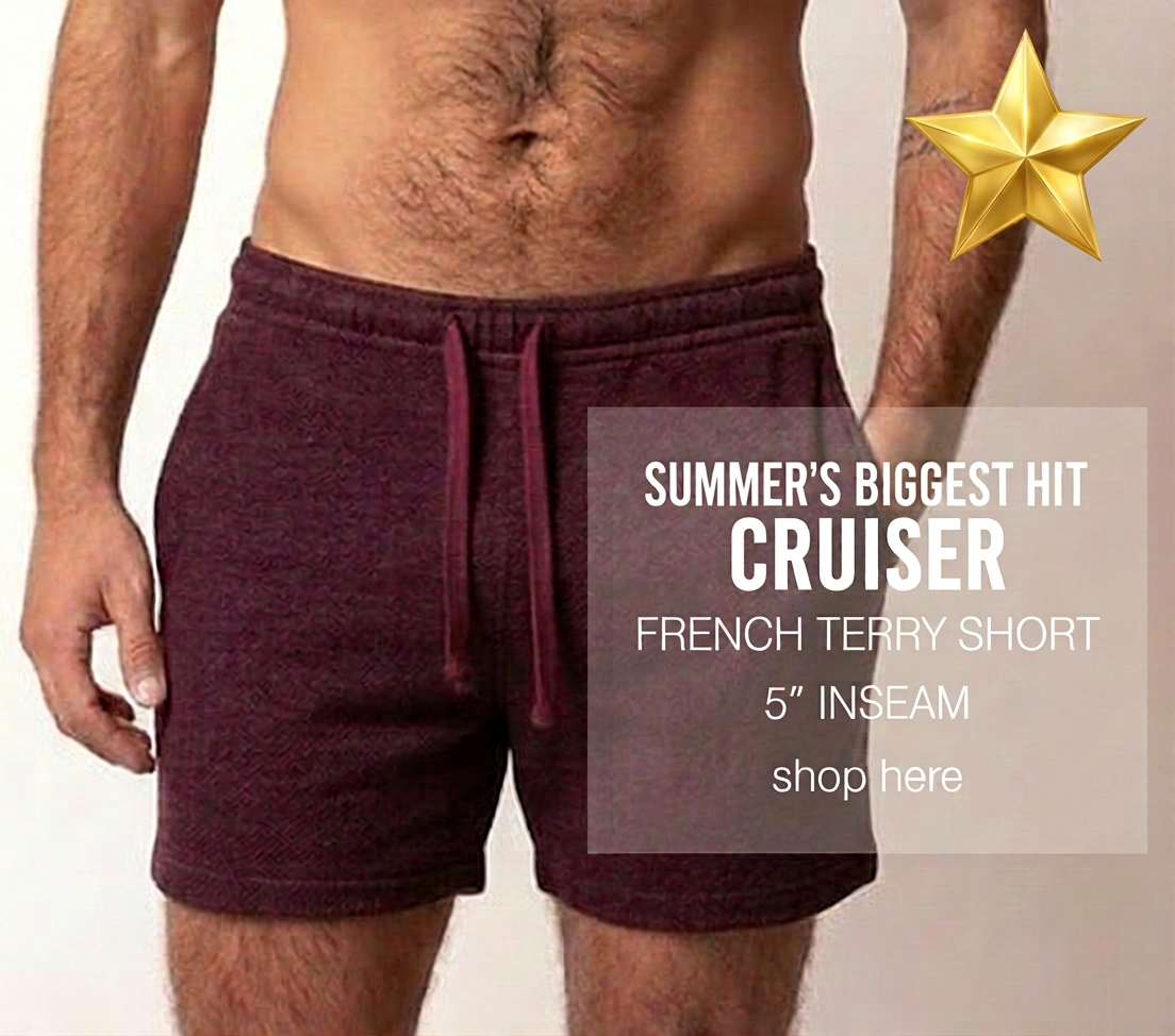 Man wearing burgundy French terry shorts with "Cruiser" text overlay.