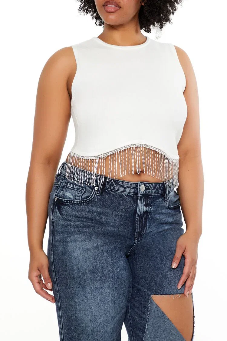 Image of Plus Size Sweater-Knit Rhinestone Crop Top