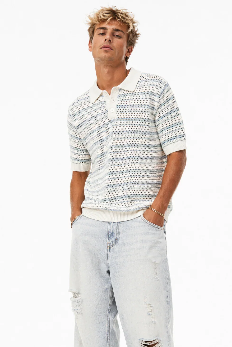 Image of Loose Knit Striped Polo Shirt