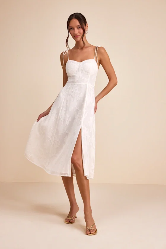 Image of Loveliest Looks White Floral Jacquard Tie-Strap Midi Dress
