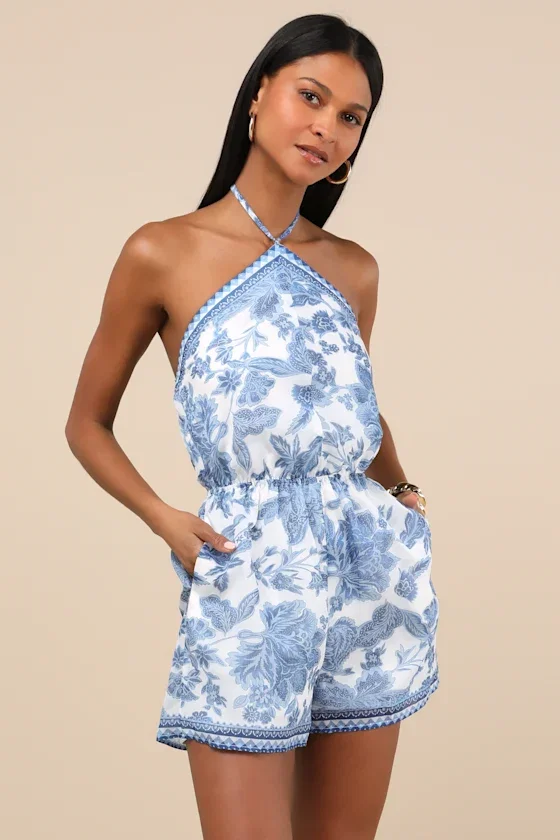 Image of Moya Blue and White Floral Halter Romper