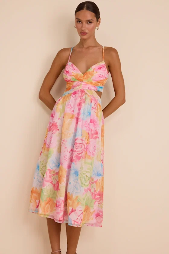 Image of Ettalie Pink Multi Floral Lace-Up Midi Dress
