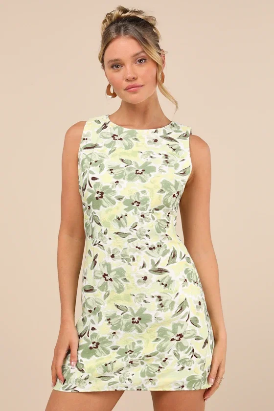 Image of Alyvia Green Floral Sleeveless Mini Dress