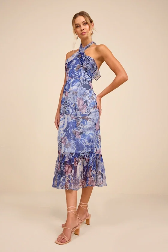 Image of Juno Blue Multi Floral Halter Trumpet Midi Dress