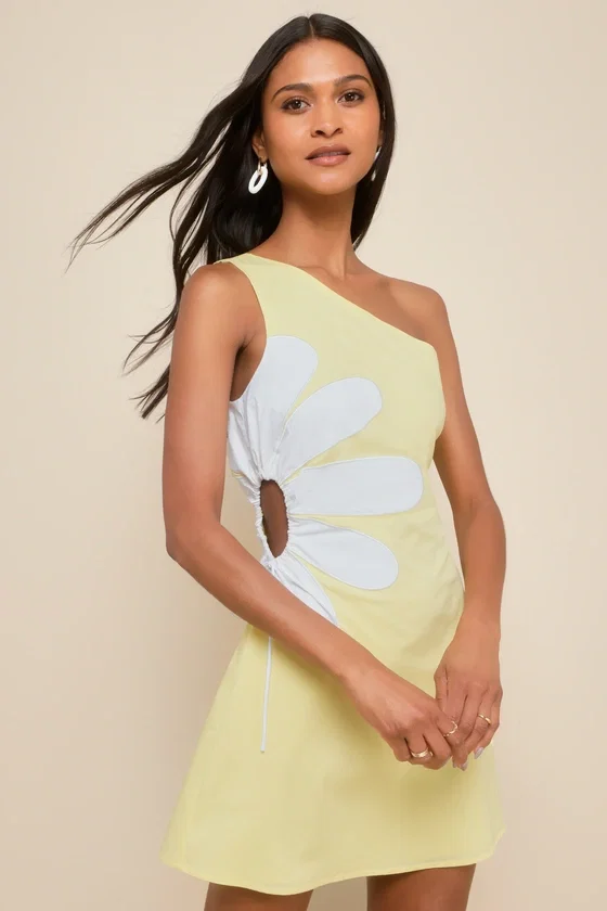 Image of Sunny Design Yellow Cutout Flower One-Shoulder Mini Dress