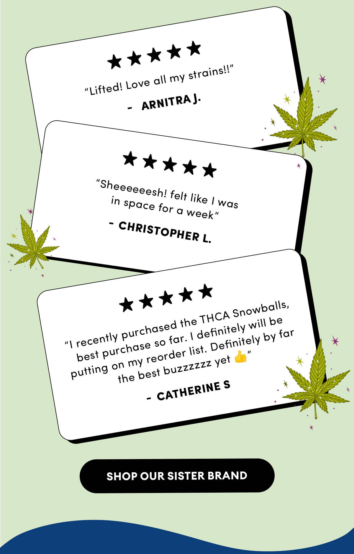 5 Star Reviews | Lifted ”Love all my strains!!” - Arnitra J. | Verified Buyer | Sheeeeeesh ”felt like I was in space for a week” - Christopher L. | Verified Buyer | Snowballs ”I recently purchased the THCA Snowballs, best purchase so far. I definitely will be putting on my reorder list. Definitely by far the best buzzzzzz yet 👍” - Catherine S. | Verified Buyer | Shop Our Sister Brand