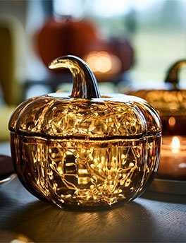 The HÖSTAGILLE glass pumpkin bowl with a lid and a light strand twinkling inside.