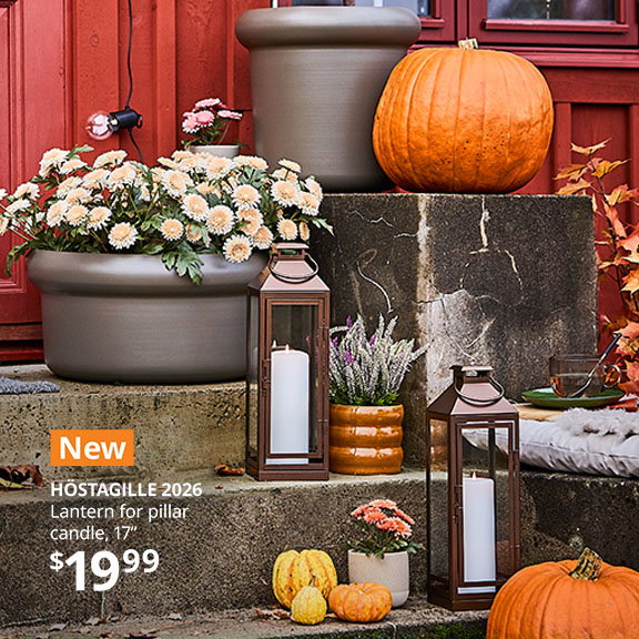 The front steps of a rustic red house decorated with pumpkins, flowers, a IKEA's HÖSTAGILLE 2026 lanterns with pillar candles.