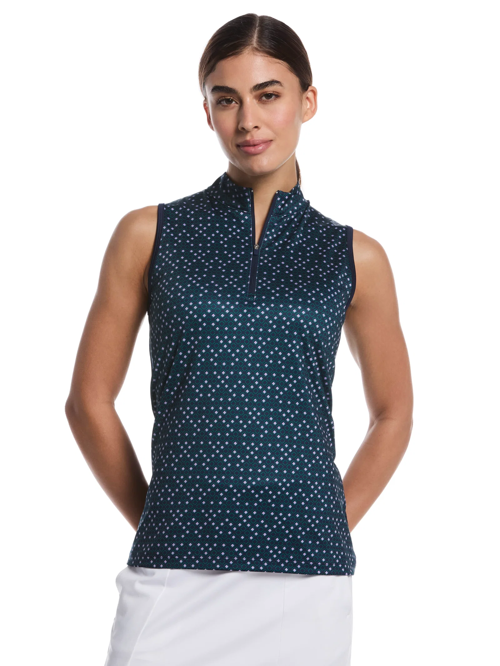 Image of Womens Geo Print Quarter Zip Sleeveless Mock Neck Shirt