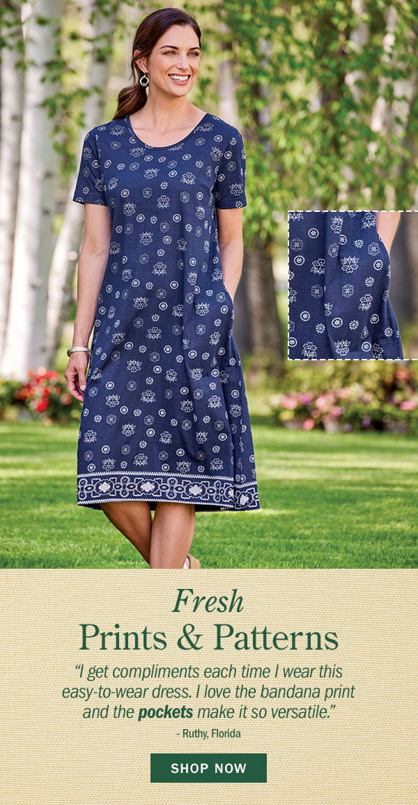 Fresh Prints & Patterns. I get compliments each time I wear this easy-to-wear dress. I love the bandana print and the pockets make it so versatile. -Ruthy, Florida. Shop Now. Bandana Print Cotton Knit T-Shirt Dress