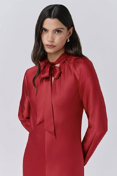 Stephanie Satin Tie Neck Midi Dress