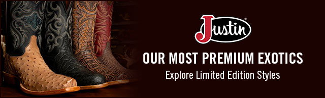 A group of limited edition boots. Justin Logo. Our Most Permium Exotics. Explore Limited Edition Styles.