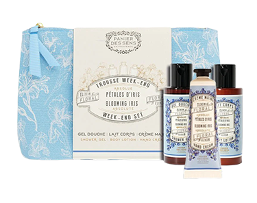 Kit de viaje Iris Petals: Gel de ducha, loción corporal, crema de manos, cesta de los sentidos