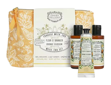 Kit de viaje Flor de Naranjo: Gel de ducha, Loción corporal, Crema de manos, Cesta de los sentidos