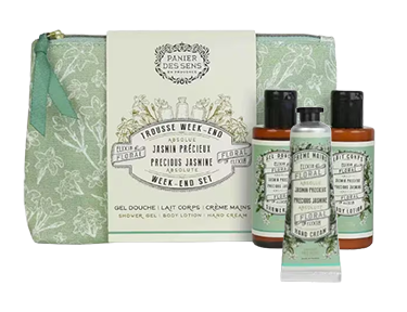 Kit de viaje Precious Jasmine: Loción corporal para ducha, crema de manos, cesta de los sentidos