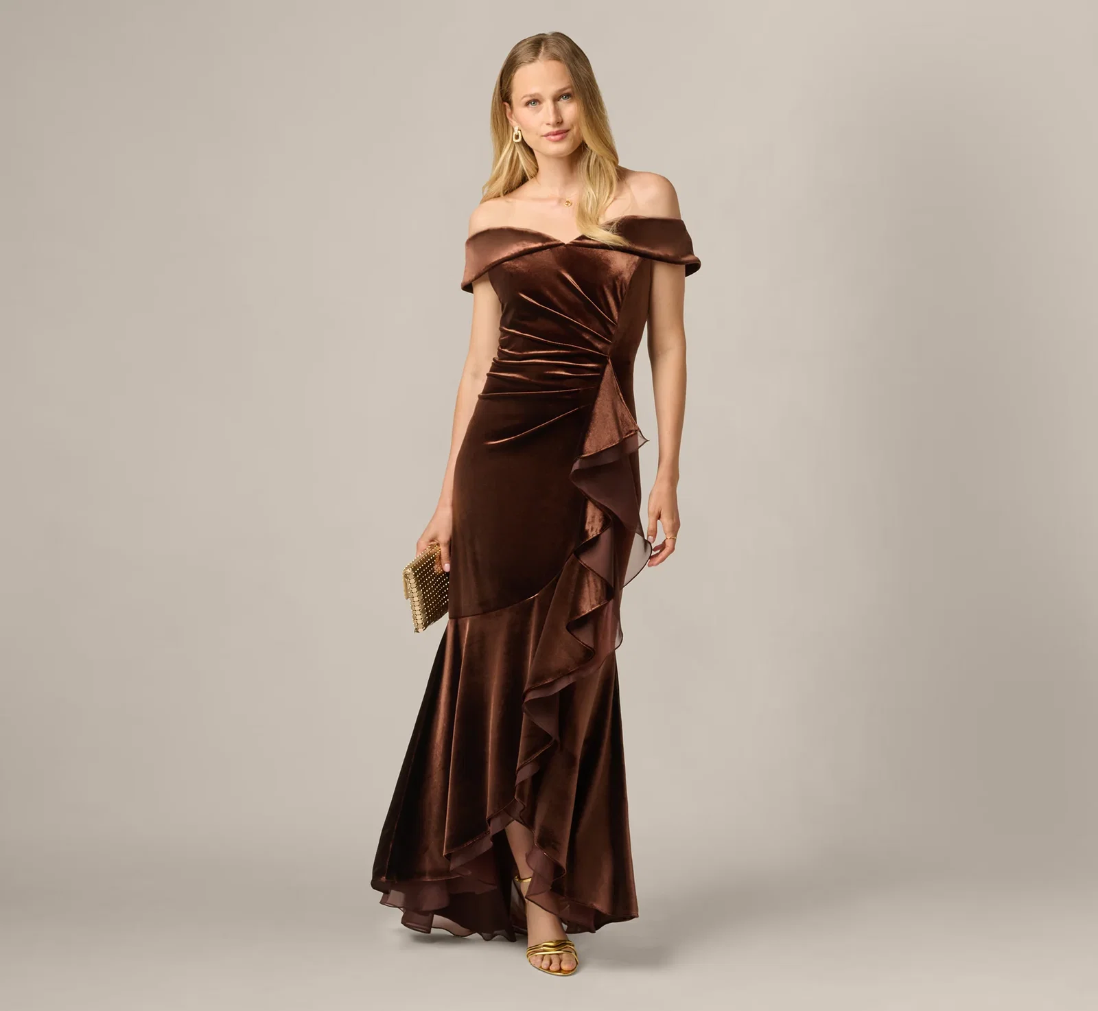 Image of Off The Shoulder Velvet Mermaid Gown With Organza Ruffle In Dark Brown