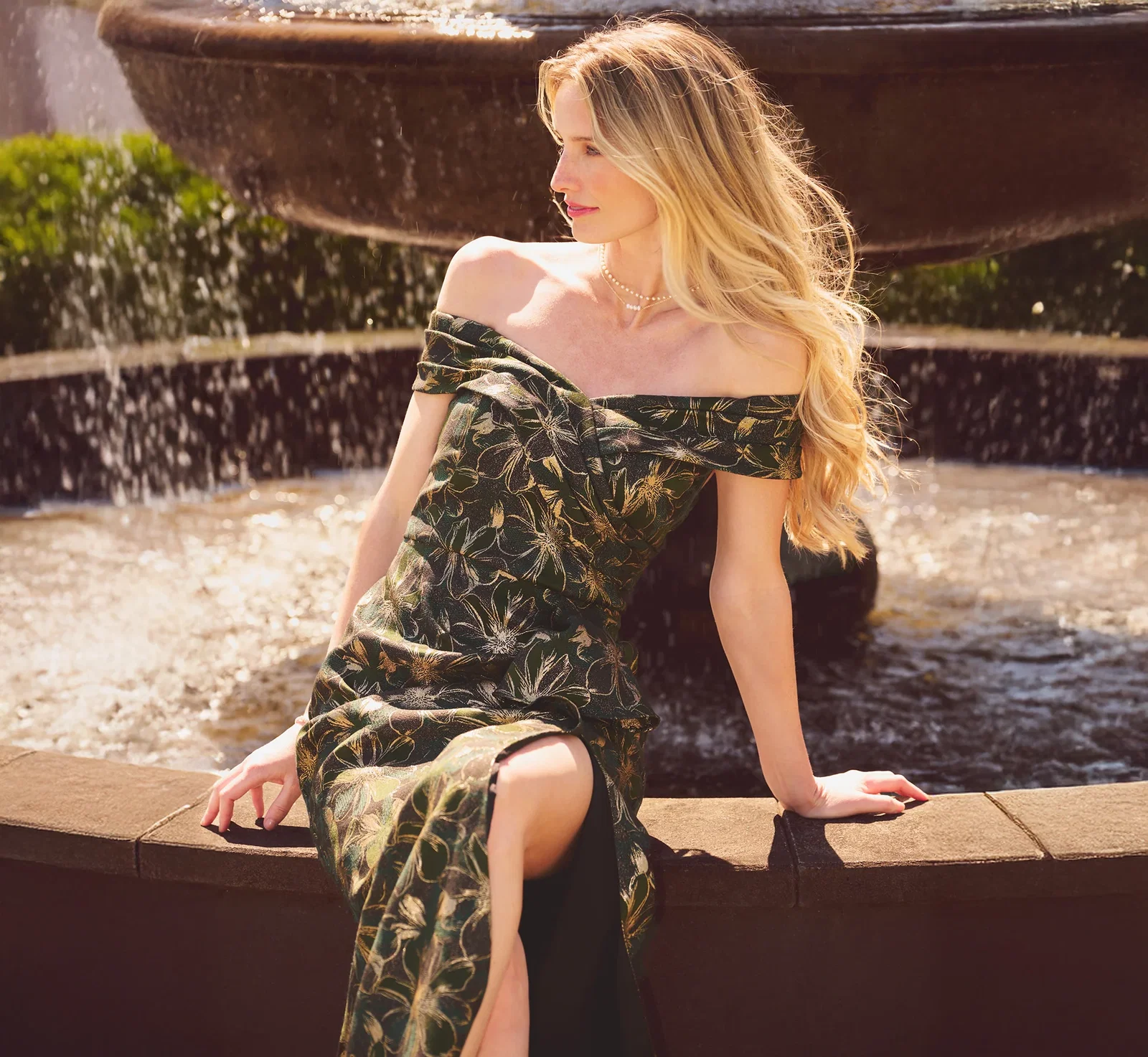 Image of Off Shoulder Jacquard Gown In Olive Gold