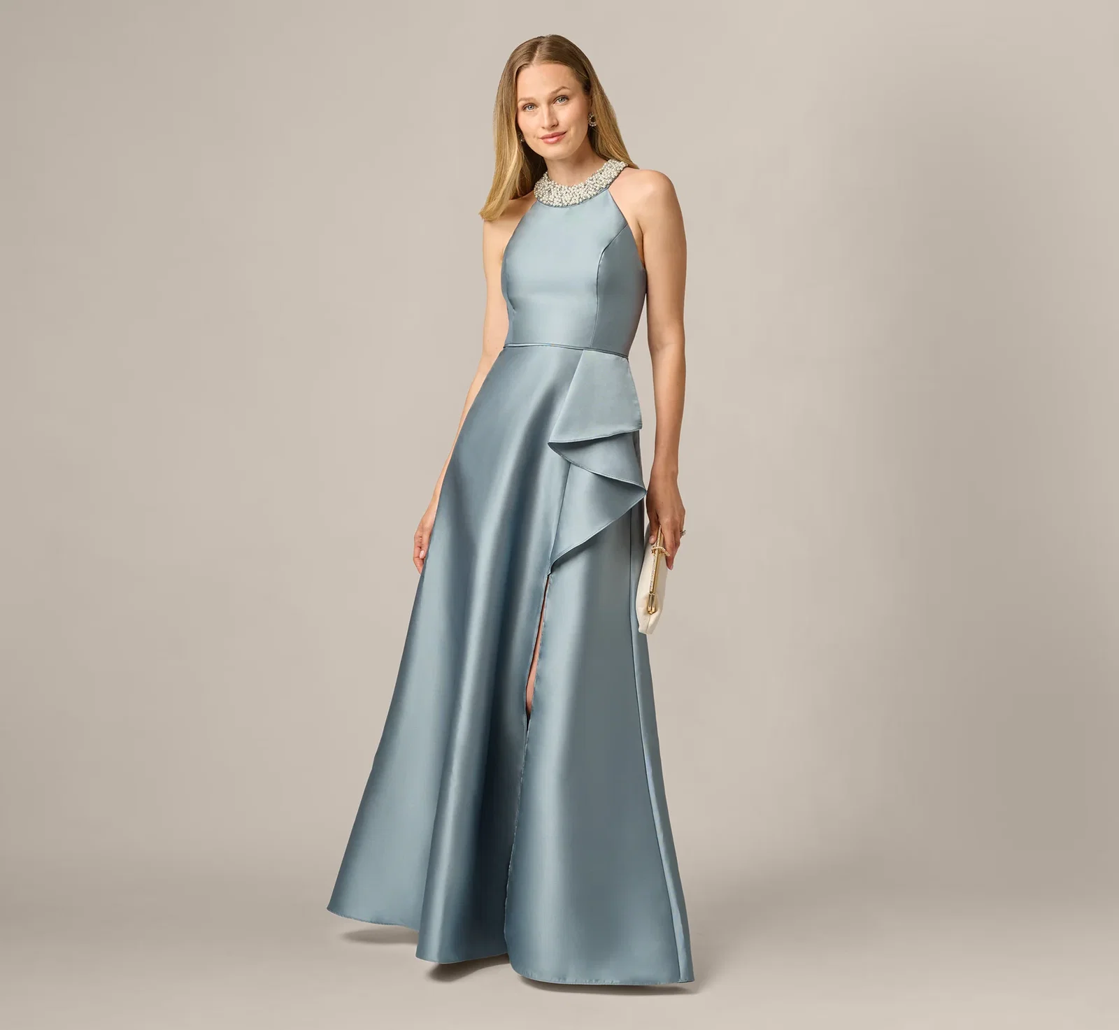 Image of Beaded Halter Draped Mikado Gown In Icy Opaline