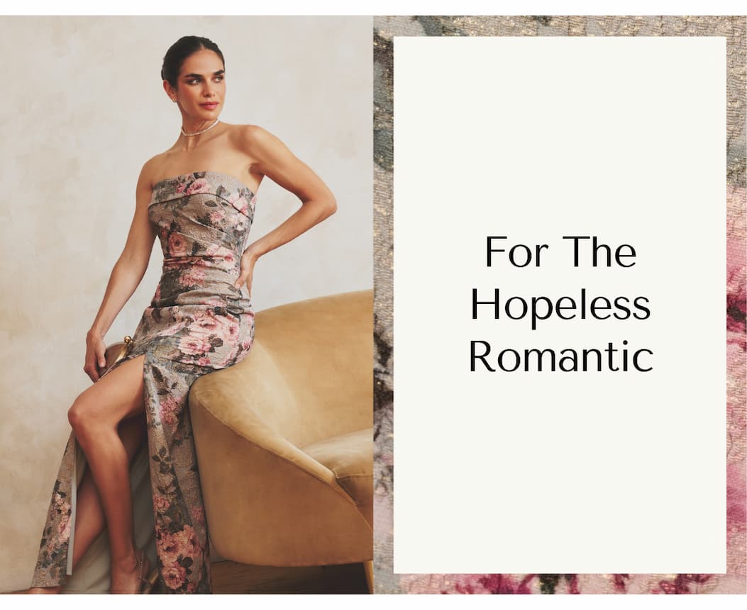 Strapless Floral Matelasse Column Gown In Slate Blush Multi