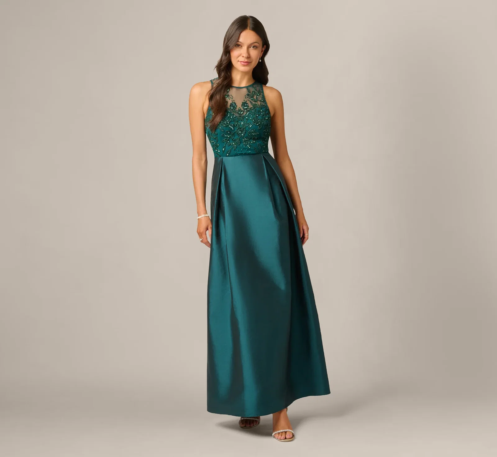 Image of Sleeveless Taffeta Ball Gown With Beaded Bodice In Gem Green