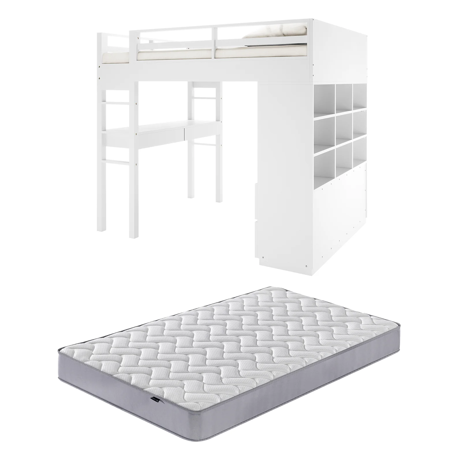 Image of Gio & Vesta Double Storage Loft Bed & Mattress Set in White