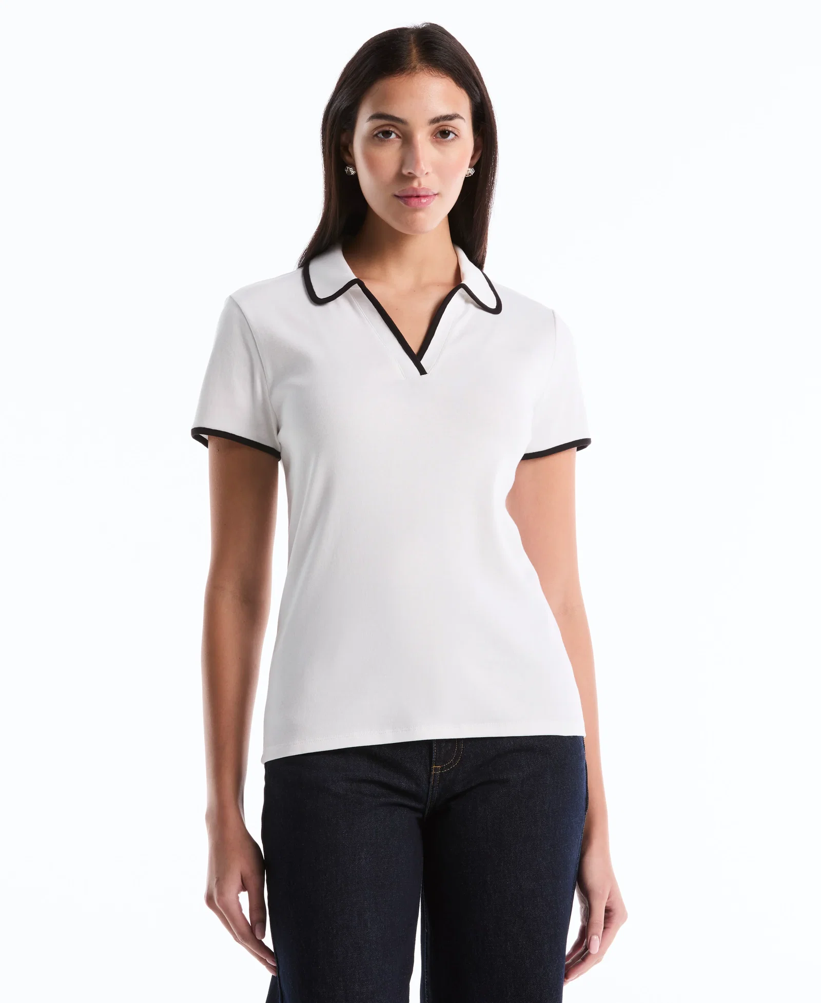 Image of Petite Contrast Trim Johnny Collar Polo