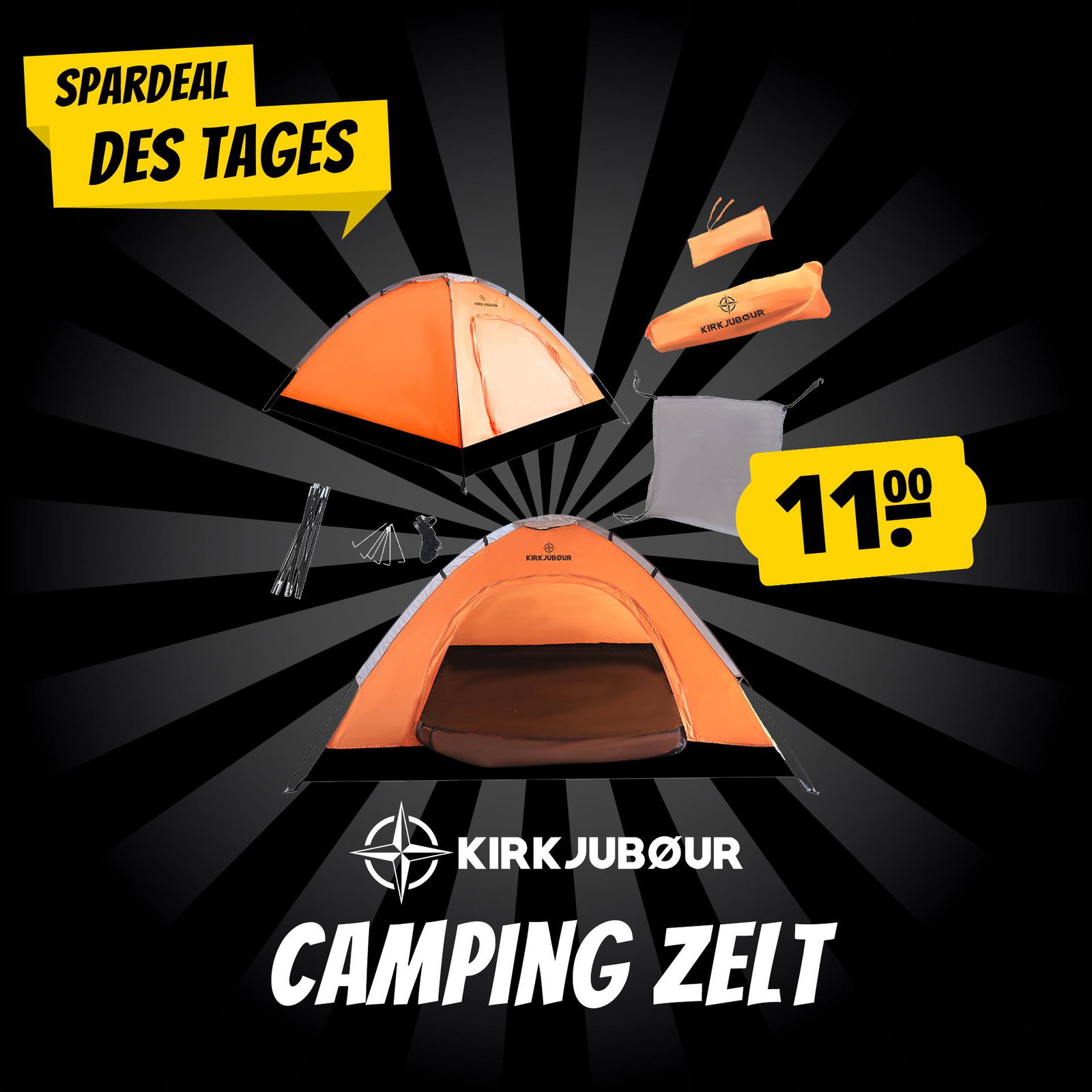 KIRKJUBØUR® "Vindr" 2 Personen-Camping-Zelt orange