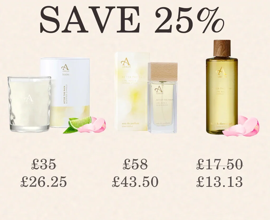 Save 25% on our After the Rain best sellers, 35cl candle was £35 get it for £26.25, our Eau de parfum was £58 now £43.50 and our shower gel was £17.50 now £13.13 with code FIRST25
