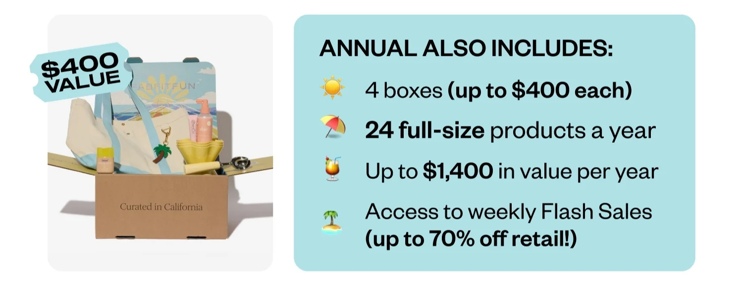 ANNUAL ALSO INCLUDES: | 4 boxes (up to $400 each) | 24 full-size products a year | up to $1,400 in value per year | Access to weekly Flash Sales (up to 70% off retail!)