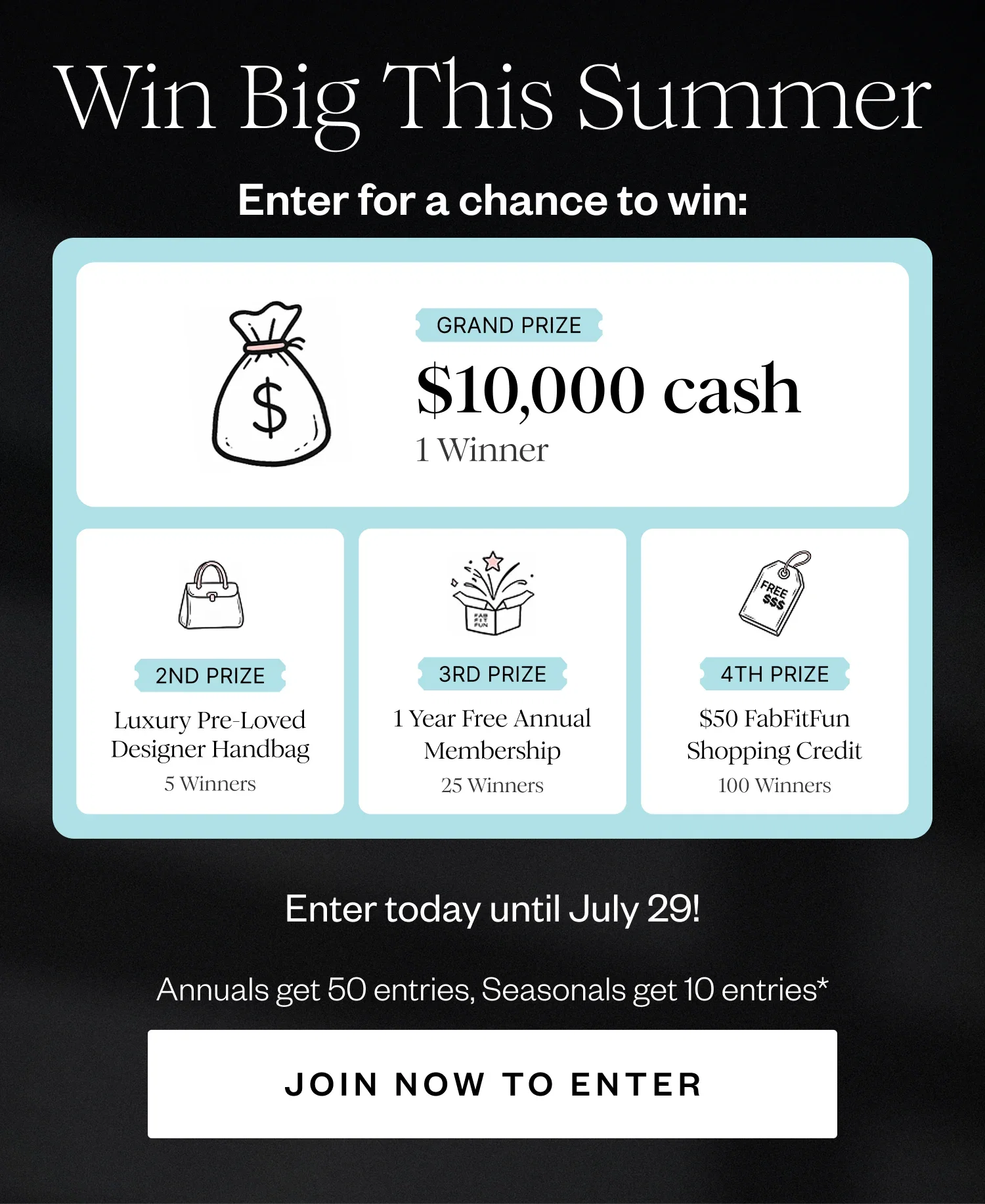 Win Big This Summer | Enter for a chance to win: | GRAND PRIZE $10,000 cash 1 Winner | 2ND PRIZE Luxury Pre-Loved Designer Handbag 5 Winners | 3RD PRIZE 1 Year Free Annual Membership 25 Winners | 4TH PRIZE $50 FabFitFun Shopping Credit 100 Winners | Enter today until July 29! | Annuals get 50 entries, Seasonals get 10 entries* | JOIN NOW TO ENTER