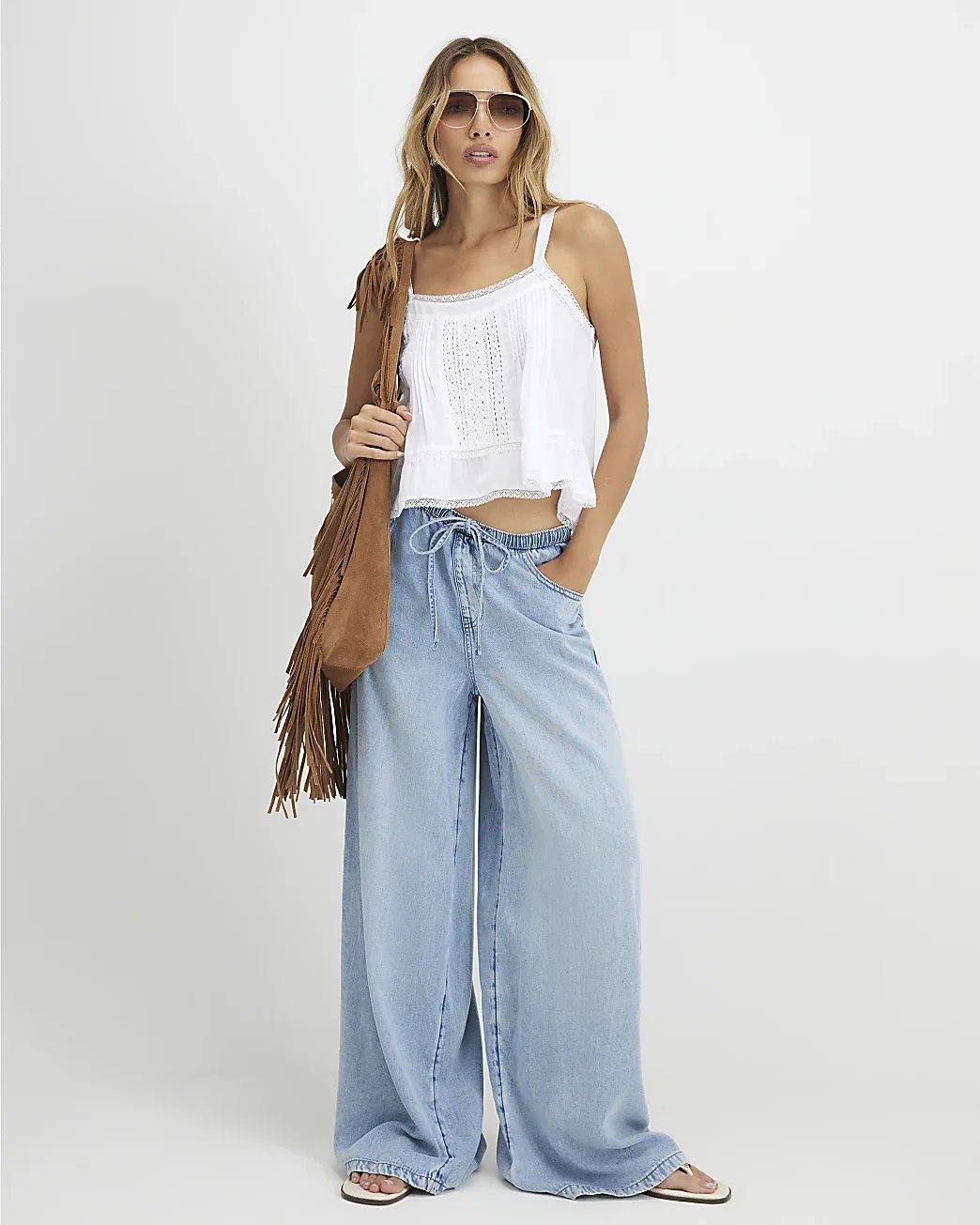 Womens Blue Wide Leg Pyjama Style Drawstring Jeans