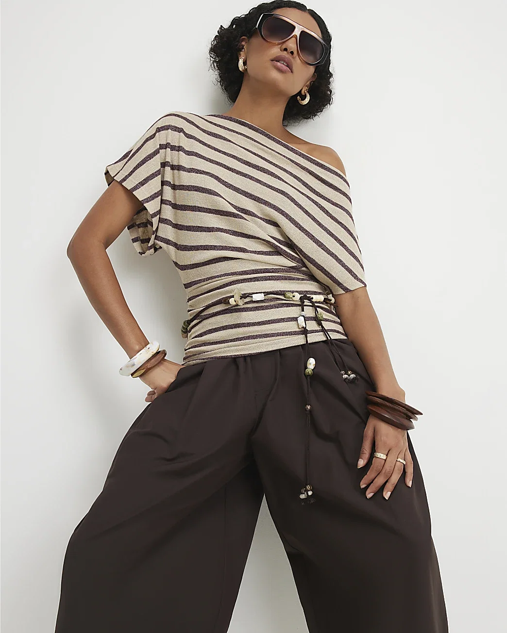 Womens Beige Striped Banded Hem Drape Top
