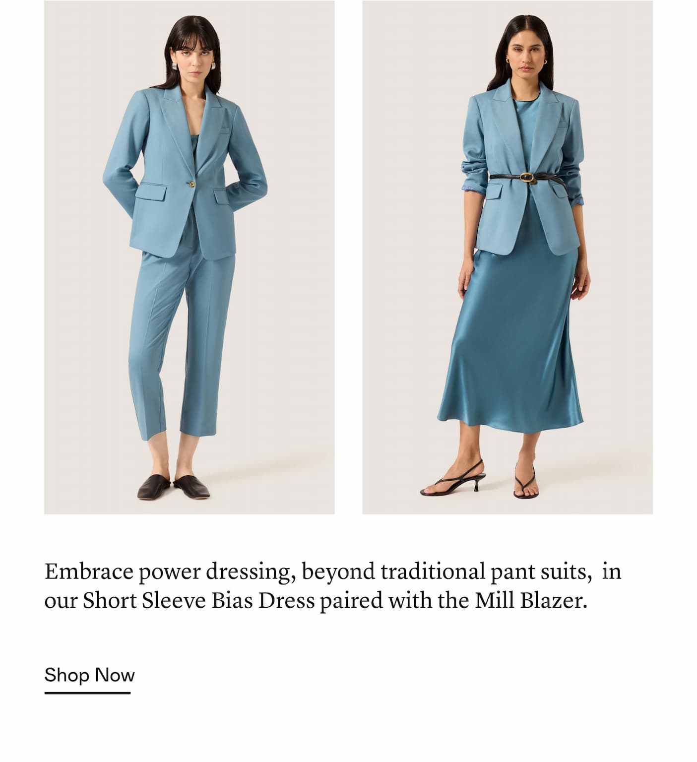 Embrace power dressing, beyond traditional pant suits, in our Short Sleeve Bias Dress paired with the Mill Blazer.