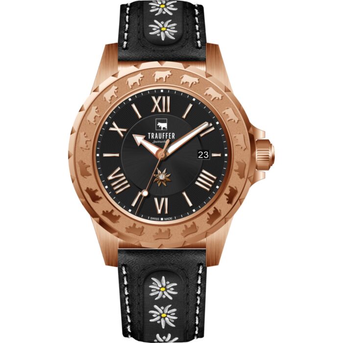 Trauffer Switzerland Trauffer Damenuhr Edelweiss Design, Stickereiarmband, Schwarz/Roségold