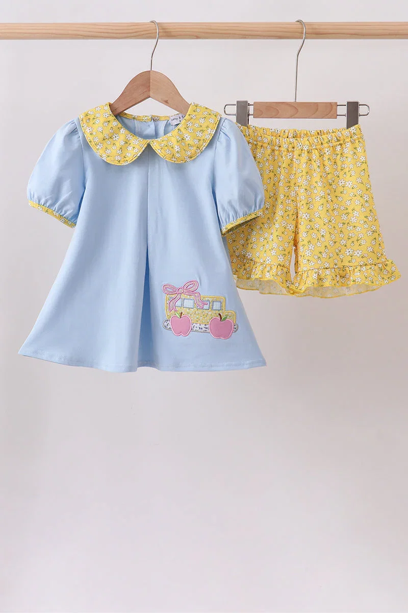 Image of Blue Bus Floral Applique Ruffle Set