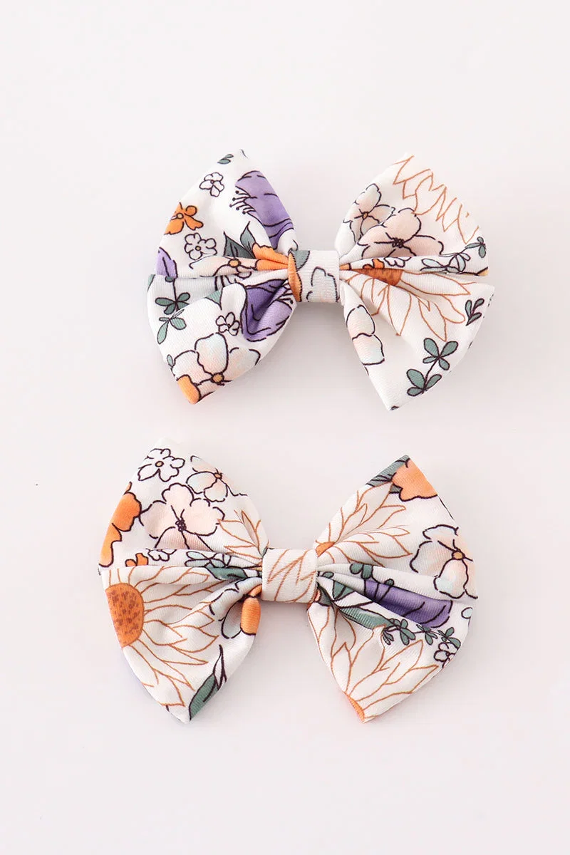 Image of Coral floral print 2pcs piggie hair bow