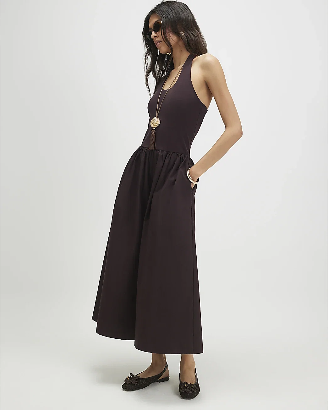 Womens Brown Halter Neck Maxi Dress