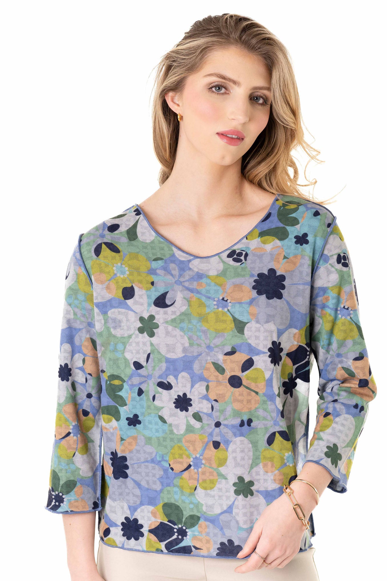 Floral 3/4 Sleeve Reversible V-Neck